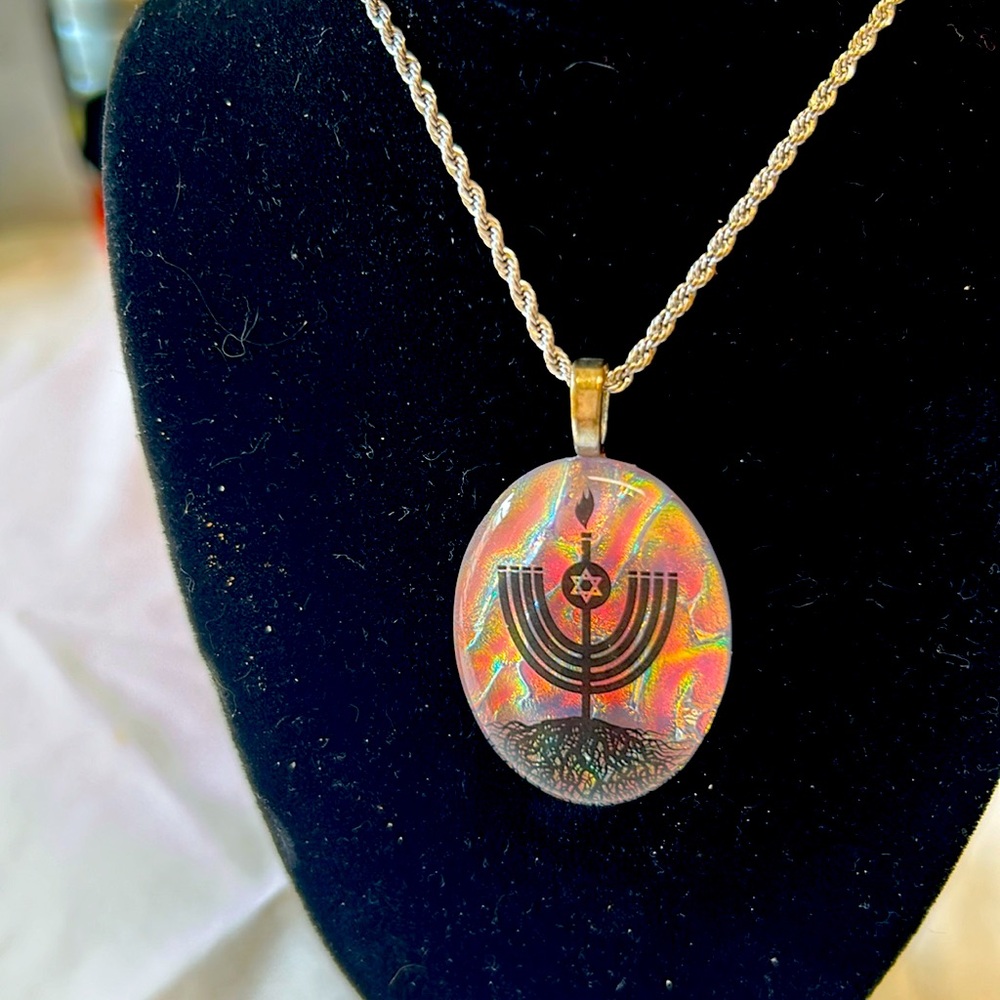 Dichroic glass Jewish star and menorah pendant